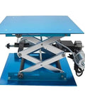 Compact Electric Lifting Platform With Remote Control Adjustable Lab Stand with blue top and aluminum frame for labs.