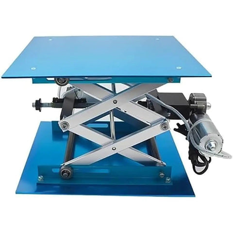 Compact Electric Lifting Platform With Remote Control Adjustable Lab Stand with blue top and aluminum frame for labs.