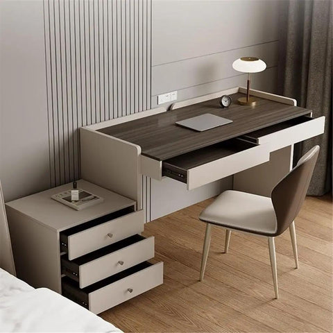 Modern Computer Desk With Heavy Duty Construction And Spacious Storage Drawers Paired With Smooth Rolling Cabinet Perfect Home Office Or Bedroom Setup No Sweat Assembly For Daily Grind in beige and brown colors.