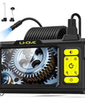 1080P HD Endoscope with light 4.3 inch IPS display showing gear close-up, 8 LED adjustable illumination, semi-rigid 16.4 ft cable, 8mm IP67 waterproof lens, great Fathers Day gift for DIYers and gadget lovers.