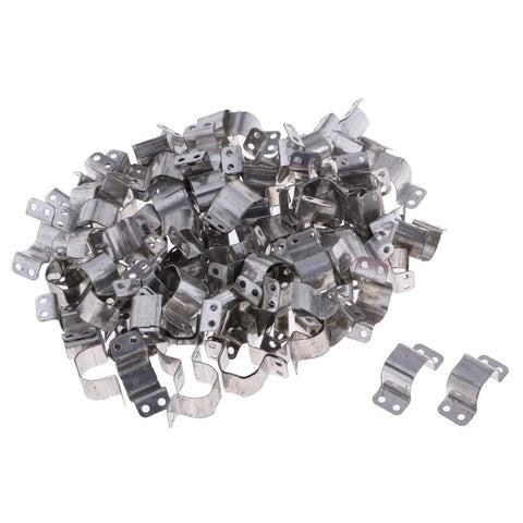 Bulk pile of 100 zinc-plated N20 micro motor mounting brackets for toy cars.