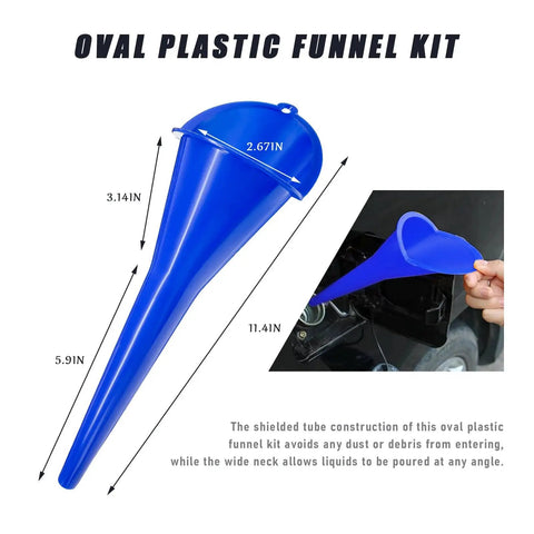 Long Neck Oil Funnel For Cars Spill Free Multi Function Plastic Fuel Funnel For Quick Oil And Fluids Fills Universal Engine Lubricant Transfer Tool Durable Reusable Car Accessory Blue shown in side view with measurements. Visible is its blue color, wide mouth, and 11.41 inch long neck.