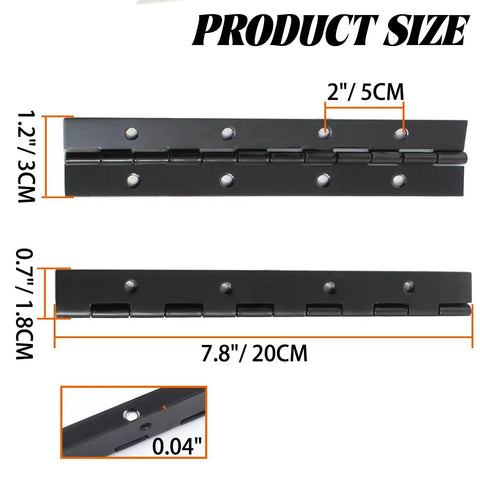 Six Piece Heavy Duty Matte Black Piano Hinges 8 Inch Continuous Steel Hardware Rust Proof dimensions showing length and width markings