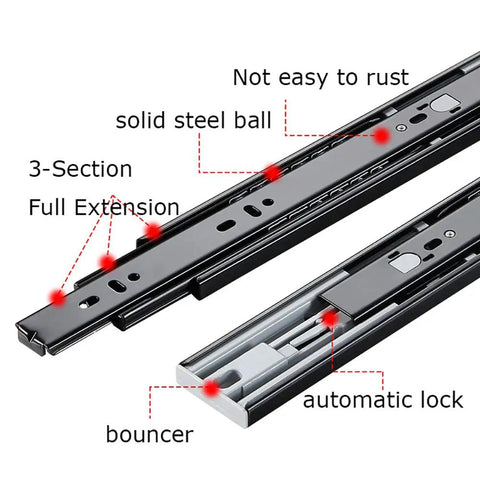 Detailed view of Beefy 12 Inch Drawer Slides Two Pack Full Extension Bottom Mount Three Fold Hidden Rails With Ball Bearing Track
