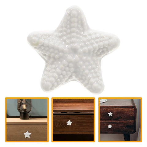 Front view of star shaped ceramic cabinet pull handle white knob for wardrobe and dresser drawers smooth ergonomic grip vintage style drawer pull for kitchen and furniture.