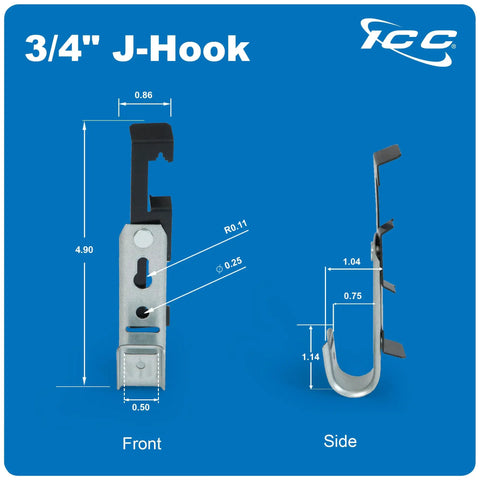 Front and side view of J Hook Batwing 3/4 Inch 25 Pack For Low Voltage Cable Runs Including Cat5e Fiber Optic and Innerduct.