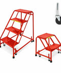 Two Pack Spring Loaded Ladder Casters With Two Inch Rubber Wheels Zinc Plated Eighty Pound Capacity Two And A Half Inch Overall Height Five Sixteenths Inch Threaded Stem Diameter Five Eighths Inch Thread Length Set Of Two, shown next to red ladders.