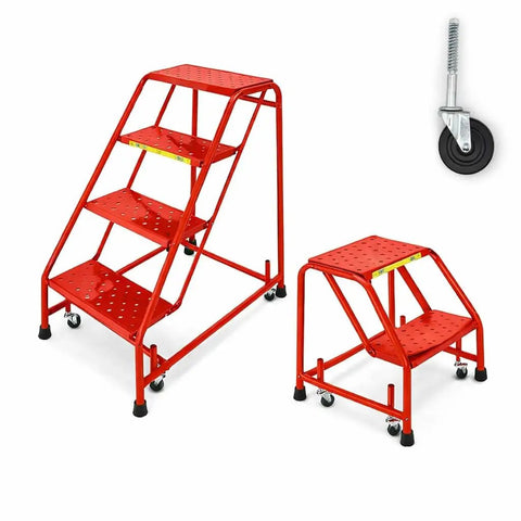 Red metal ladders on casters with a focus on the Ladder Caster Set Of 2 With Spring Loaded 3 Inch Wheel And Five Sixteenth Inch Threaded Stem For Smooth Mobility On Ladders And Work Surfaces Heavy Duty Rubber Wheel Zinc Plated Caster Rig shown separately.