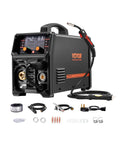 Workhorse 250A 5 In One MIG Welder With Pulse Arc Gasless MIG, cords, and accessories on display, ideal for auto repairs.