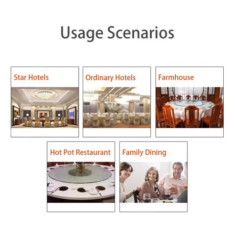 Usage scenarios for Heavy Duty 40 Inch Tempered Glass Lazy Susan Turntable with Quiet Aluminum Rollers in dining settings.