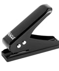 Black metal desk punch, Low Force One Hole Paper Punch, 12 Sheets Capacity, One Quarter Inch Hole Size, anti-skid base, side view