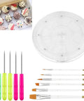 Level Up Your Baking Game With This Nifty 8 Inch Acrylic Cookie Decorating Turntable Kit Featuring Six Sturdy Brushes And Six Precision Scribe Tools For Flawless Icing And Sugar Craft Designs, including clear turntable and colorful tools.