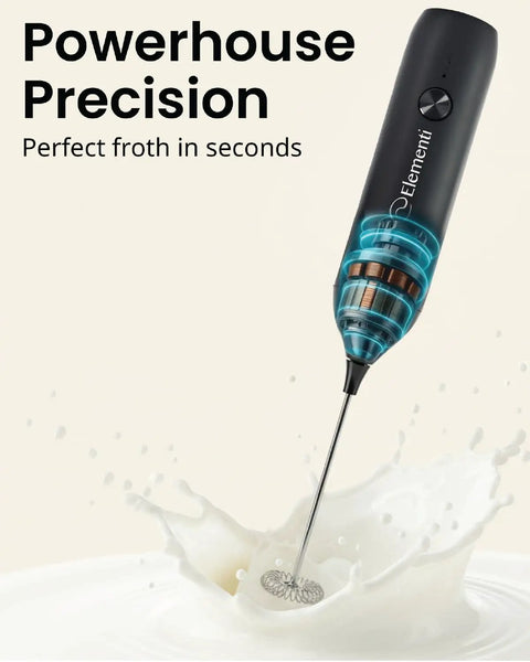 Rechargeable Milk Frother Wand USB-C Handheld Drink Mixer For Home Barista Vibes, black frother in milk foam.