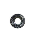 One Hundred Pack Of 1/4-20 Coarse Thread Zinc Plated Steel Hex Serrated Flange Nuts For Auto Work And Garage Projects Built Like Iron Hardware With Rust Resistant Finish And Simple Setup - Close up view of serrated flange nut.