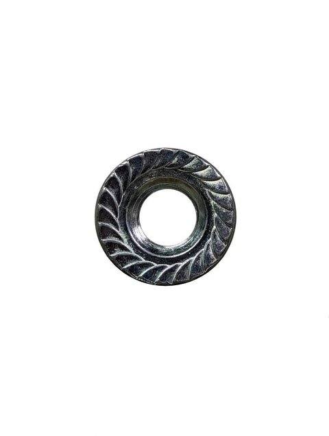 One Hundred Pack Of 1/4-20 Coarse Thread Zinc Plated Steel Hex Serrated Flange Nuts For Auto Work And Garage Projects Built Like Iron Hardware With Rust Resistant Finish And Simple Setup - Close up view of serrated flange nut.