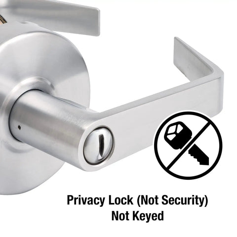 Privacy Door Lock With Lever Handle For Commercial Interiors Brushed Chrome Finish Built Tough Heavy Duty Cylindrical Lock ANSI BHMA Grade 2 3 Hour UL Listed Indoor Use Model SLCHPV26D close-up with non-keyed feature icon and brushed chrome finish