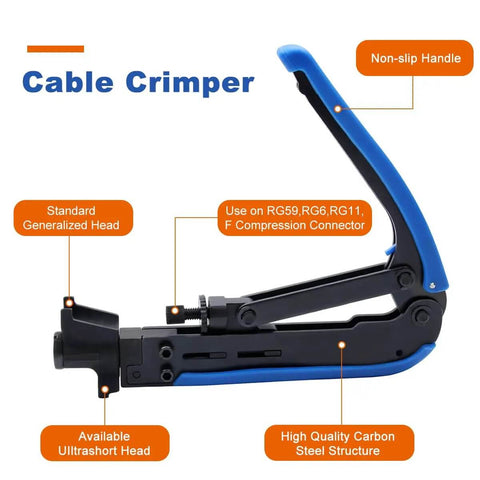 Coaxial Cable Crimping Kit With 20 F Compression Connectors Adjustable For RG6 RG59 RG11 RG58 RG7, close-up of crimper tool