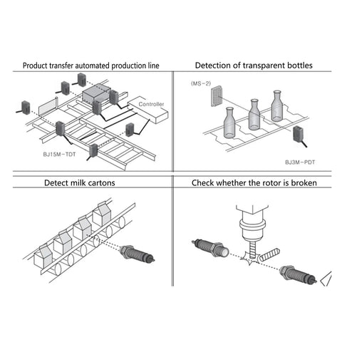 Diagram showing applications of Diffuse Reflection Photoelectric Switch Proximity Sensor for level detection and control, 24-240V, BEN300 model.