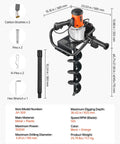 Powerful Electric Post Hole Digger With 1500W Motor 5.91 Inch Auger Bit 140 RPM Alloy Steel Drill shown with parts and dimensions
