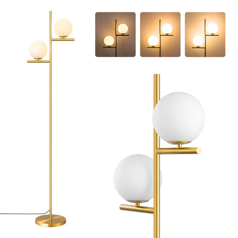 67.5 Inch Mid Century Modern Globe Floor Lamp With Dimmable LED Brightness, Gold Brass Finish, Frosted Glass Globe Shades