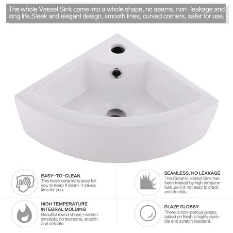 Wall Mount Corner Vessel Sink With Chrome Faucet And Pop Up Drain, White Porcelain Above Counter Mini Vanity Sink For Small Bathrooms
