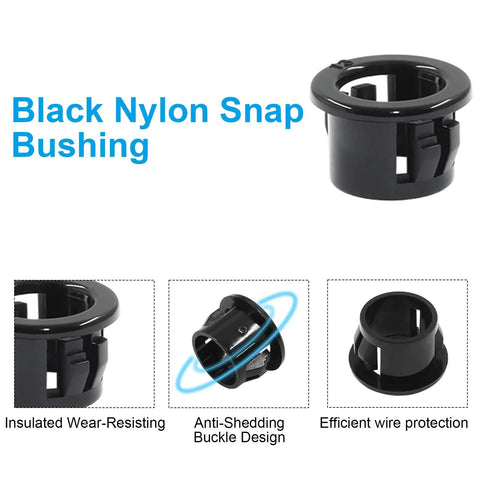 50 Pack Black Cable Snap Bushings 3/8 Inch Hole Diameter Durable Plastic Bushing For Wire Management Cable Harnesses Automotive Marine And DIY Projects, black nylon snap bushing shown from multiple angles