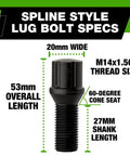 Black M14x1.50 Lug Bolts For Aftermarket Wheels Spline Bolts 27mm Shank 53mm Overall Length Set Of 20 Narrow Conical Seat 60 Degree