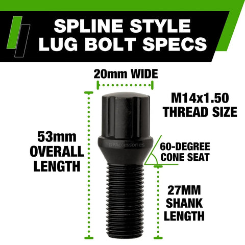 Black M14x1.50 Lug Bolts For Aftermarket Wheels Spline Bolts 27mm Shank 53mm Overall Length Set Of 20 Narrow Conical Seat 60 Degree