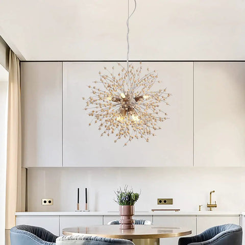 Boho Dandelion Wooden Beads Chandelier With Eight Lights Dope Modern Firework Pendant Ceiling Light Adjustable Height Hanging Fixture
