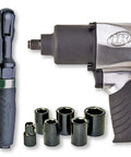 Heavy Duty 1/2 Inch Air Impact Wrench And 3/8 Inch Air Ratchet Combo Kit With 5-Piece Socket Set And Carrying Case Up To 500 Ft-Lbs Max Torque For Pro Grade Performance showing tools and sockets.