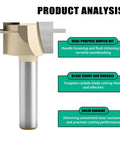 Pro Grade T Slot And Groove Router Bit 1/2 Inch Shank 5/16 Cut Diameter 3/4 Cutting Length close-up on carbide blade for flush trimming.