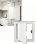 Slick White Aluminum Drywall Access Panel 21 By 24 Inch Flush Mount Crawl Space Door for HVAC in a modern kitchen setting.