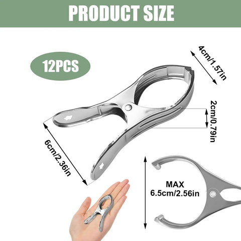 Heavy Duty 12 Pack Pool Cover Clips 4.72 Inch Stainless Steel Spring Clamps Windproof for Above Ground Pool Covers Towel Holder Beach Chair Accessory shown in hand with size dimensions