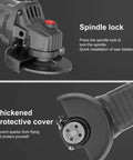 Close-up of 21V Brushless Cordless Angle Grinder With 3 Speed Settings And 180 Degree Swivel Head spindle lock and protective cover.