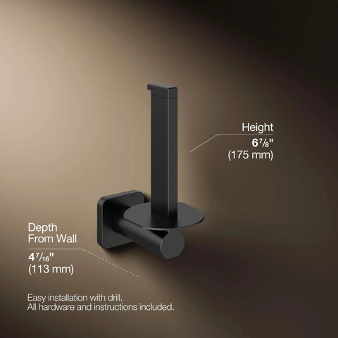 Parallel Vertical Toilet Paper Holder For Easy Access And Clean Lines, Minimalist Matte Black, Dimensions Labeled