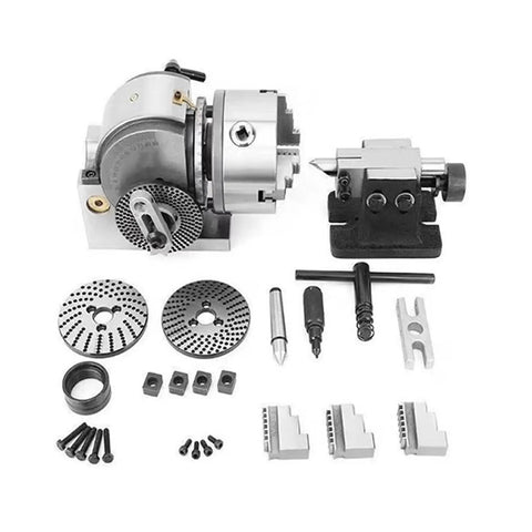 Heavy Hitting Universal Dividing Head With Integrated Stepper Motor And No Fuss 3 Jaw Chuck For Cnc Rotary Axis Tailstock, accessories laid out.