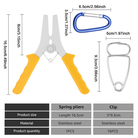 Get A Sweet Deal On This 18Pc Miter Spring Clamp And Pliers Kit, Made With Premium Stainless Steel For Tough Woodworking Jobs, Includes Carabiner Hooks Plus Storage Ring To Keep Your Tools Neat And Ready For Any Project Right Now. stainless steel spring pliers and clips with sizes shown