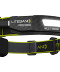 All In One Multi Beam LED Headlamp With 210 Degree Wide Beam And 15 Degree Tilt Focus 6 Modes USB C Rechargeable on a strap