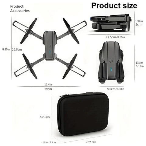 Foldable Camera Drone With Remote For Beginners, Easy Start RC Quadcopter size details with folded dimensions and carrying case