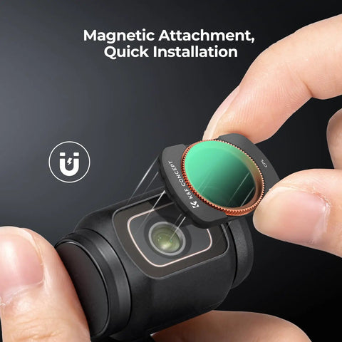Osmo Pocket 4x3 Magnetic CPL Filter being attached to DJI Osmo Pocket 4x3 Camera, showing quick magnetic installation.