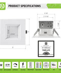 Diagram and dimensions of 12 Pack 4 Inch LED Recessed Lighting With Integrated Junction Box Dimmable 2700K-5000K CCT Selectable