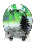 Premium Slow Close Toilet Seat With Soft Closing Lid And Durable Adjustable Hinges For Your Family Bathroom Setup, decorative design with leaves and stones.