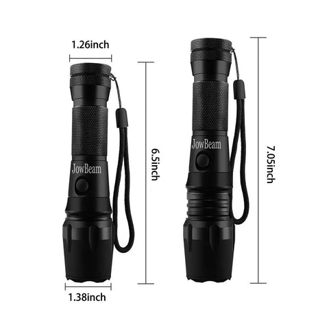 Pair of black flashlights with wrist straps showing dimensions, labeled 'JowBeam'