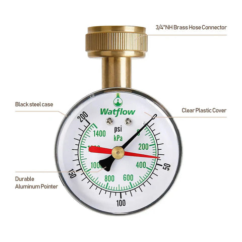 Garden Hose Pressure Gauge 0 To 200 Psi Drag Pointer Two And A Half Inch Dial Three Quarter Inch Female Thread Easy Read For Home Irrigation And House Water Lines Brass Inside Steel Case, front view