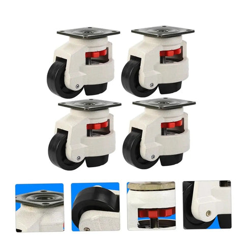 Hella Rugged Set Of Four Heavy Duty Leveling Swivel Casters With Extra Strong Steel Plate Mount for smooth workbench rolling, showcasing a detailed view of the caster wheels.