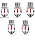 Five Pack Rock Solid 3/4 Inch Fire Sprinkler Heads Featuring Chrome Brass Bodies And Snappy 155F Red Bulbs, front view.