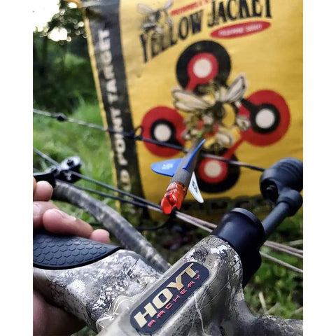 Close-up of Yellow Jacket Stinger Field Point Archery Target Bag with arrow in bullseye, EZ Tote handle visible.