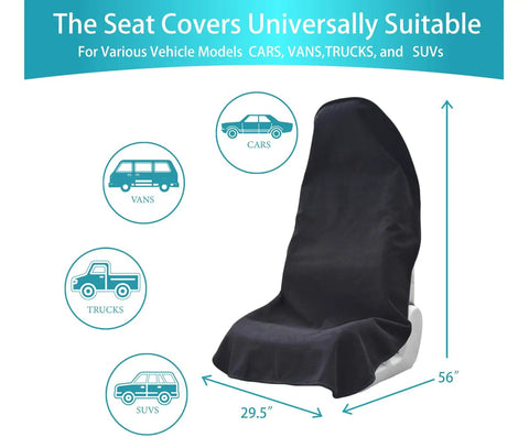 Universal Front Seat Protector Covers Waterproof And Sweatproof Non Slip Washable Towel Seat Covers For Cars Trucks And Jeeps 2 Pack Black showing size compatibility with vehicles
