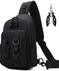 Compact Fishing Sling Bag With Rod Holder And Tackle Storage, water-resistant nylon, black with MOLLE straps and pockets
