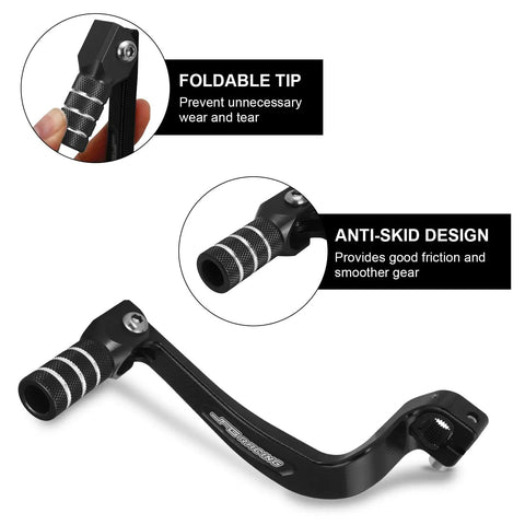 Close-up of Beefy Folding CNC Gear Shifter Lever for KLX110 KLX110L KLX110R 2010 to 2023 showing foldable tip and anti-skid design.